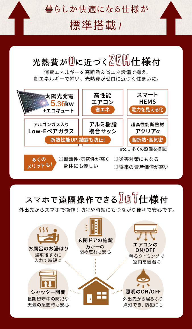 光熱費が0に近づくZEH仕様とスマホで遠隔操作できるIoT仕様が標準搭載