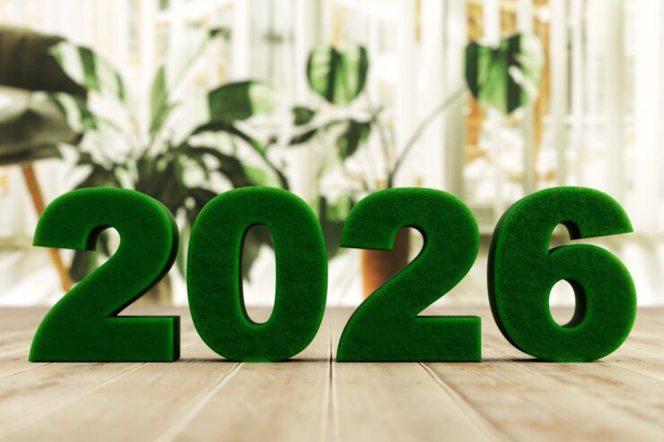 緑の2026の数字ブロック、背景に観葉植物