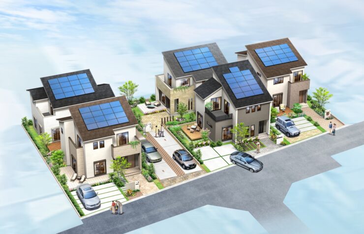 ヤング開発の高性能な住宅が並ぶ分譲地のイラスト