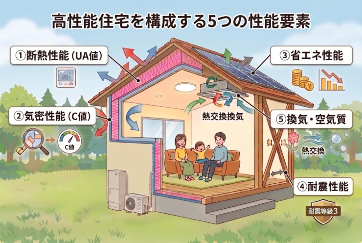 高性能住宅を構成する5つの性能要素を図解するイラスト