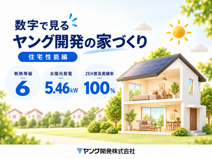 数字で見るヤング開発の家づくり・住宅性能編。断熱等級6、太陽光発電5.46kW、ZEH普及実績率100％
