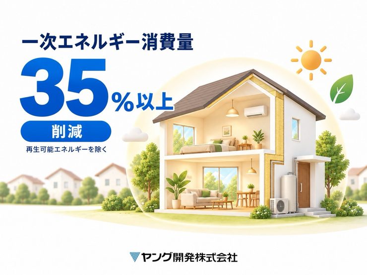 再生可能エネルギーを除く一次エネルギー消費量を35％以上削減。断熱材や省エネ設備を備えた住宅のイラスト