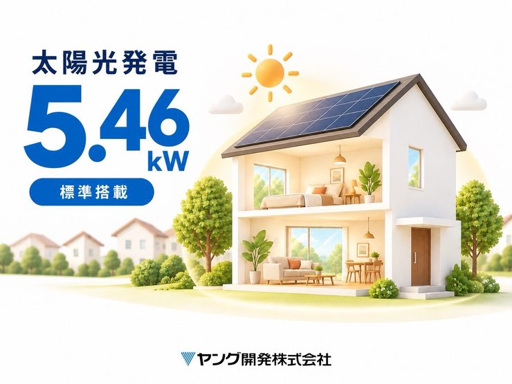太陽光発電5.46kWを標準搭載するヤング開発の住まい。屋根に太陽光パネルを設置した住宅のイラスト