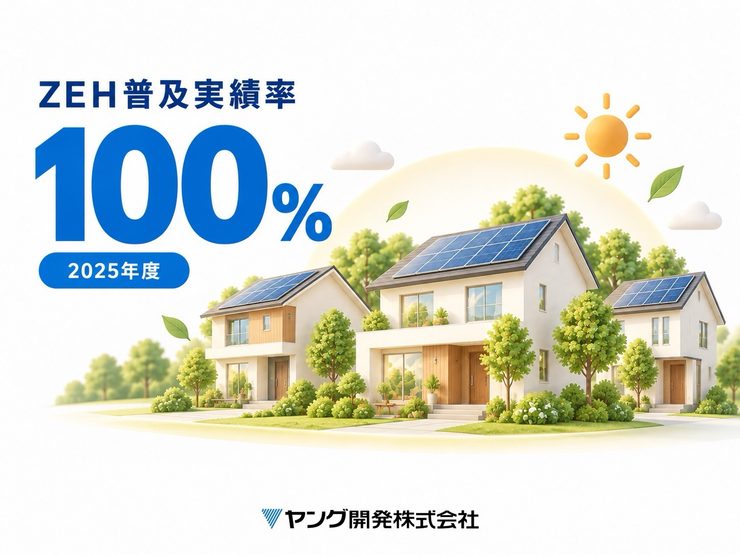 ヤング開発の2025年度ZEH普及実績率100％。太陽光パネルを備えた住宅が並ぶイラスト