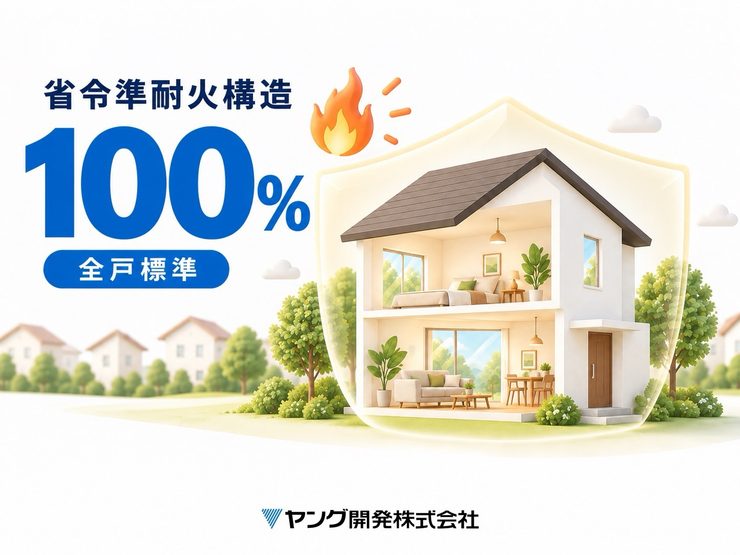 省令準耐火構造を全戸標準で採用するヤング開発。住宅と防火を表す盾のイラスト