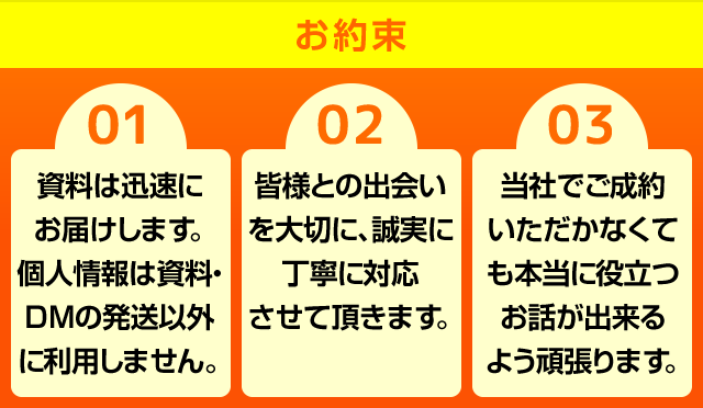 お約束01資料は迅速にお届けします。個人情報は資料・DMの発送以外に利用しません。02皆様との出会いを大切に、誠実に丁寧に対応させて頂きます。03当社でご成約いただかなくても本当に役立つお話が出来るよう頑張ります。